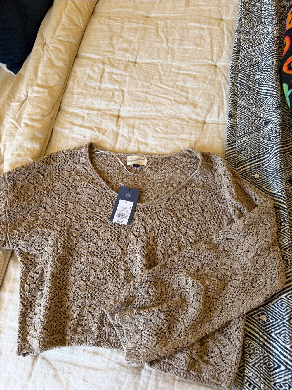 Universal Thread Taupe Crochet Scoop Neck Sweater